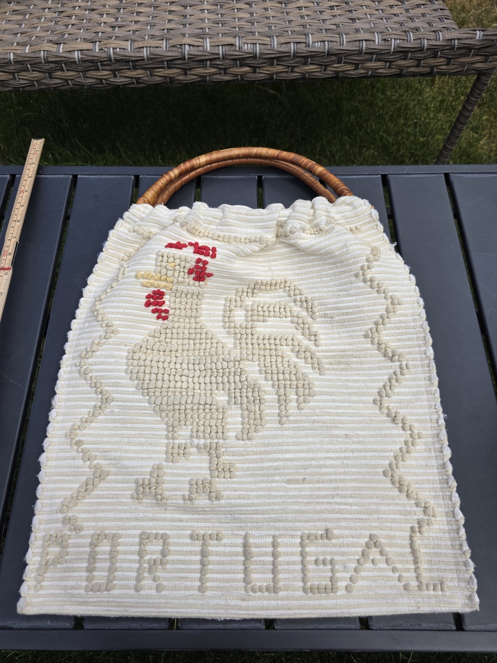 Vintage Portugal Rooster Tufted Woven Tote Rattan Handles Cream